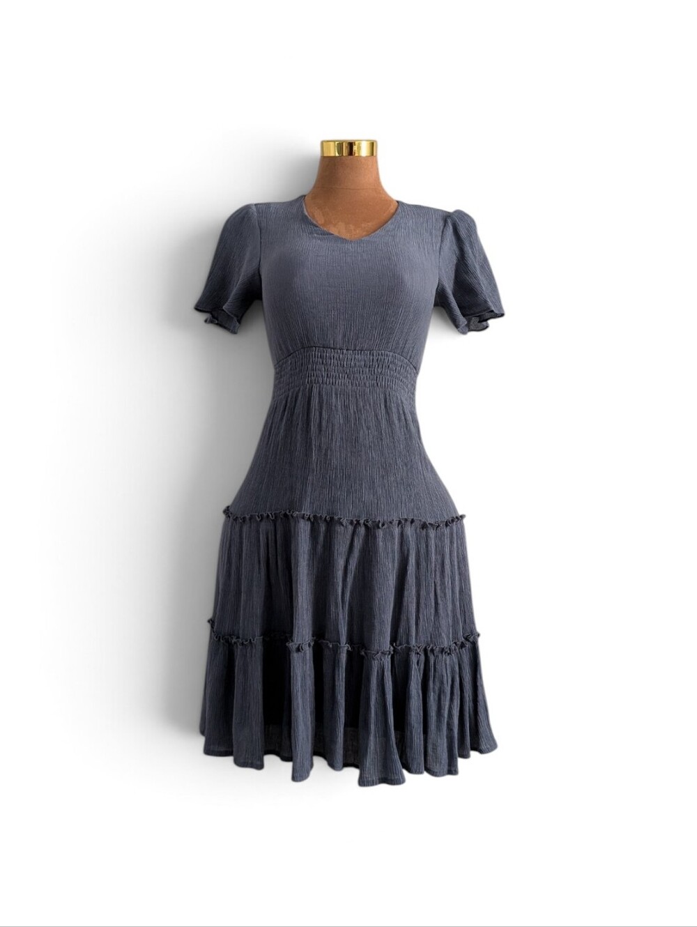 Mikarose Dusty Blue Smocked Tiered Midi Dress